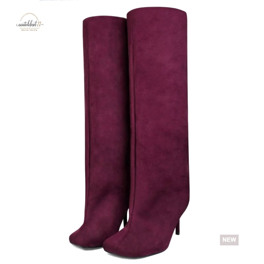 Suede Knee High Boots Wide Calf Square Toe Slouchy Fashion Booties Chic Fall